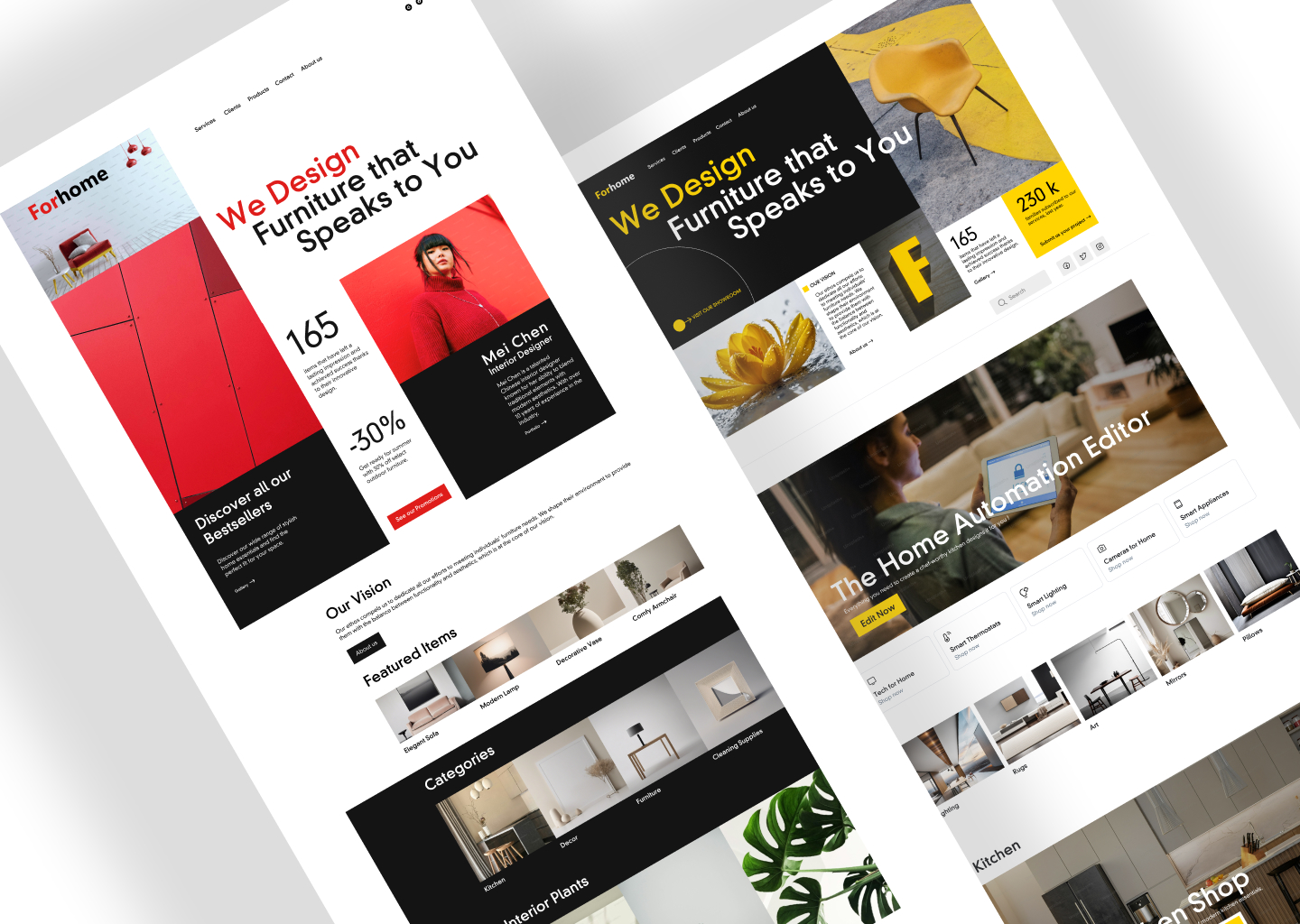 Mockup showcasing the ForHome project, featuring two angled desktop website screens. The design highlights a modern and sleek UI for an online furniture store, emphasizing bold typography, structured layouts, and a strong visual identity. The interface presents product categories, featured items, and home automation options, reflecting the brand’s commitment to stylish and functional furniture solutions.