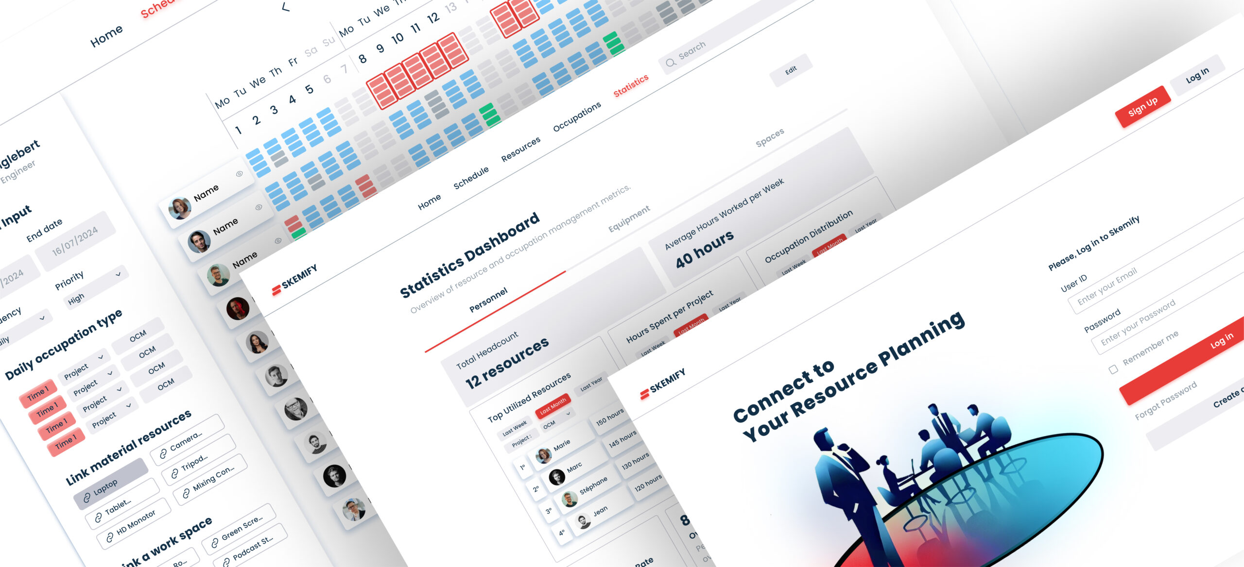 Mockup showcasing the Skemify project, a resource planning and management platform. The interface features a clean and structured dashboard with scheduling tools, team resource allocation, and performance analytics for efficient project coordination.