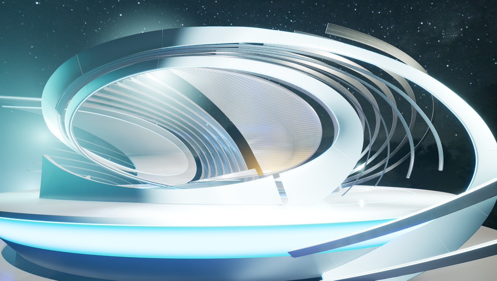 Mockup showcasing the set design for Europe des 11, a futuristic and dynamic stage concept created for the football TV broadcast program. The sleek, curved architecture and glowing blue accents evoke a high-tech, immersive atmosphere, enhancing the visual experience for viewers.