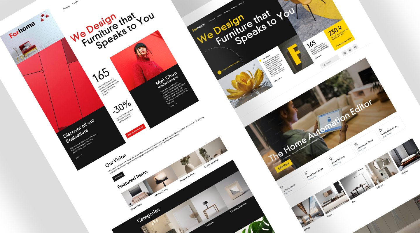 Mockup showcasing the ForHome project, featuring two angled desktop website screens. The design highlights a modern and sleek UI for an online furniture store, emphasizing bold typography, structured layouts, and a strong visual identity. The interface presents product categories, featured items, and home automation options, reflecting the brand’s commitment to stylish and functional furniture solutions.