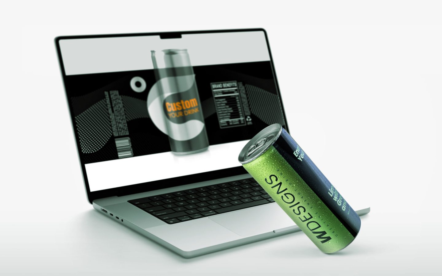 Mockup showcasing the Customize Your Drink project, featuring a laptop screen displaying a beverage can design interface and a 3D-rendered custom can in the foreground. The scene highlights the branding of WDesigns and the platform’s ability to personalize drink labels with sleek, modern aesthetics."