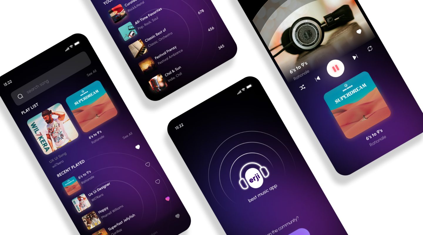 Mockup showcasing the Erji Music App project, featuring a sleek and modern UI design. The interface highlights playlist management, music discovery, and an immersive audio experience with a dark-themed aesthetic and vibrant accents.