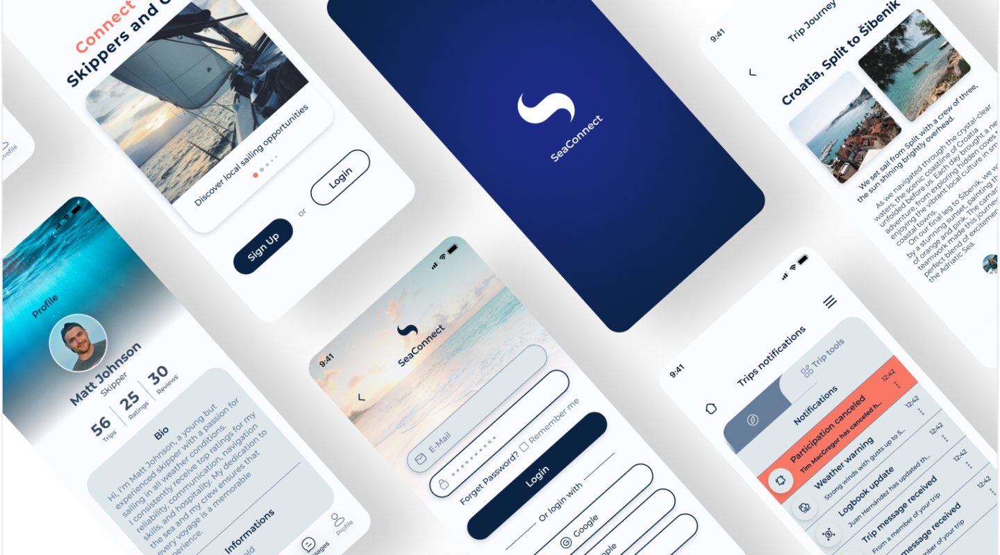 Mockup showcasing the SeaConnect project, a mobile application designed to connect skippers and sailors. The interface highlights user profiles, trip planning, and community features, providing a seamless experience for organizing sailing adventures and finding the right crew.