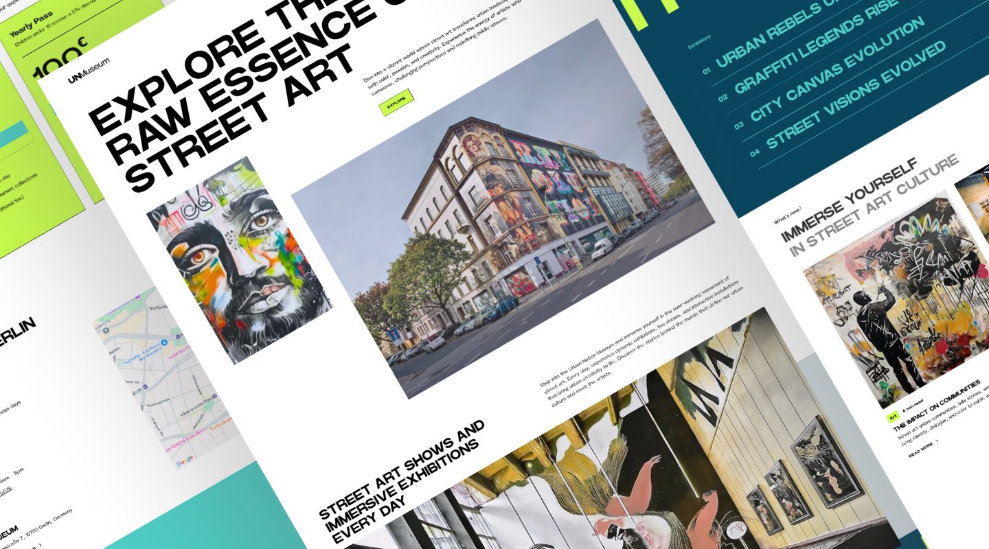 Mockup displaying multiple pages of the Urban Nation website, showcasing a modern and dynamic layout dedicated to street art culture. The design features bold typography, vibrant imagery of murals and graffiti, and structured content highlighting exhibitions, artists, and urban art movements. A mix of green, black, and white elements enhances readability and visual appeal.